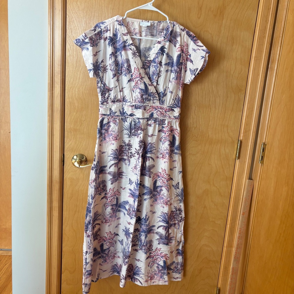 J. Jill Love Linen Midi Dress Womens XS Cream Tropical Palm Toile Print V-Neck